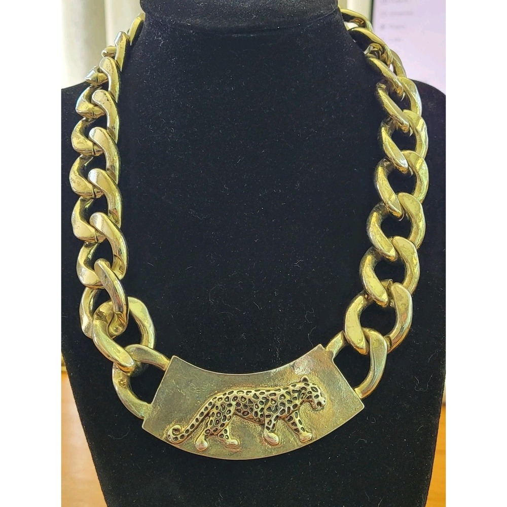 Vintage Chunky Silver Tone Leopard Panther Statement Necklace Big Cat 189g 16"